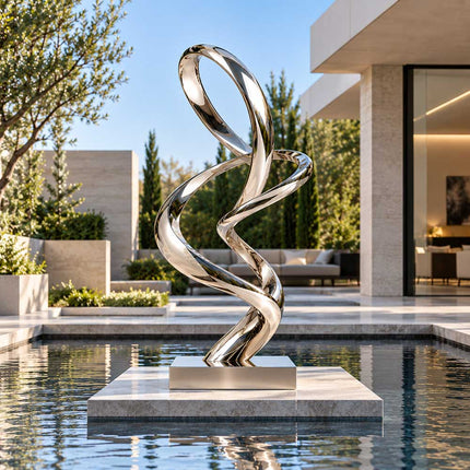 Outdoor stainless steel sculpture displayed on a platform within a modern residential pool