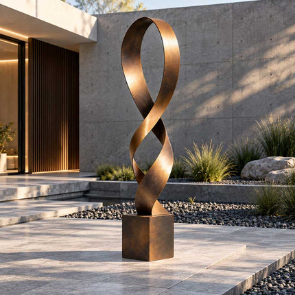 Outdoor twisting bronze ribbon sculpture displayed in a minimalist residential courtyard with stone paving and gravel landscaping