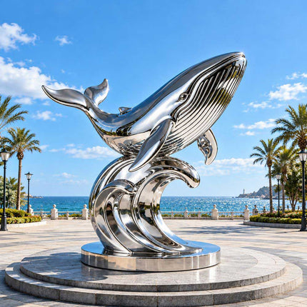 Outdoor stainless steel whale sculpture displayed in a coastal waterfront setting