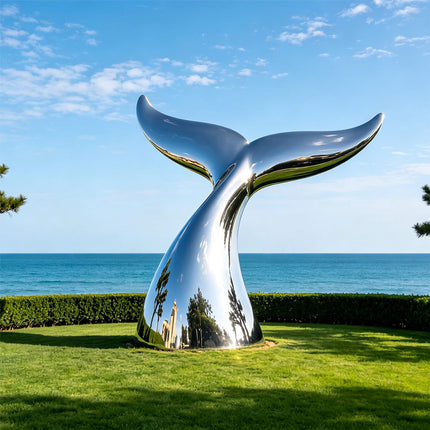 Mirror polished stainless steel whale tail sculpture on a green coastal lawn overlooking the ocean