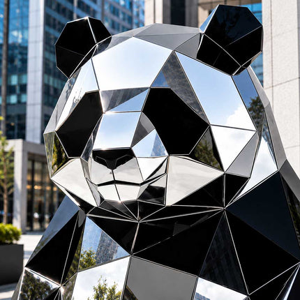 Close-up of the geometric panda face with black and mirror-polished faceted surfaces