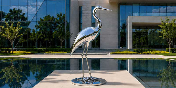 Stainless steel bird sculpture displayed beside a luxury pool area showing outdoor sculpture placement and scale