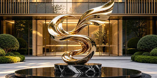 Large golden stainless steel abstract sculpture installed in a commercial architectural space