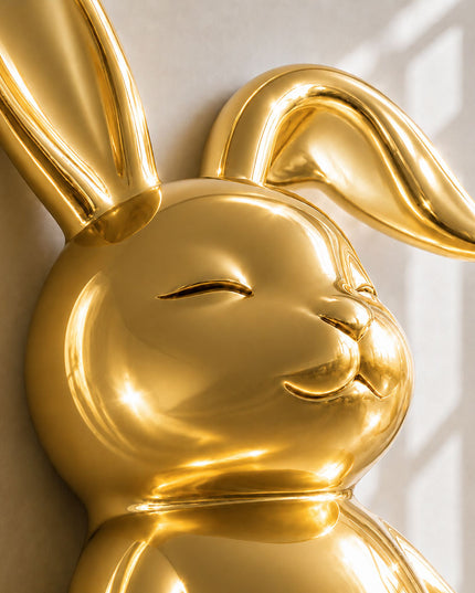 Detailed view of handcrafted stainless steel rabbit sculpture with reflective finish