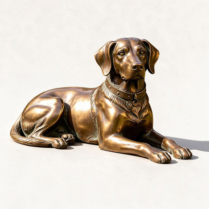 Reclining bronze dog sculpture with extended front paws, floppy ears, and a detailed collar on a white background.