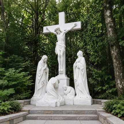 White marble religious sculpture with the Crucifixion scene displayed in a secluded outdoor garden