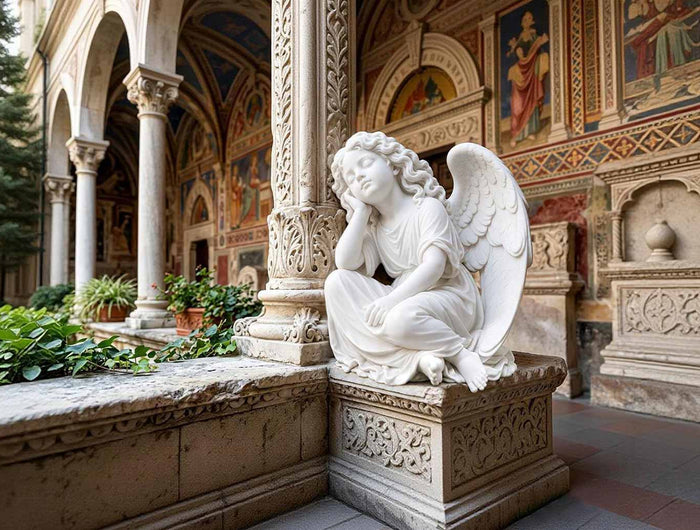 Religious statue in contemplative garden or chapel environment emphasizing spiritual presence and sacred atmosphere.