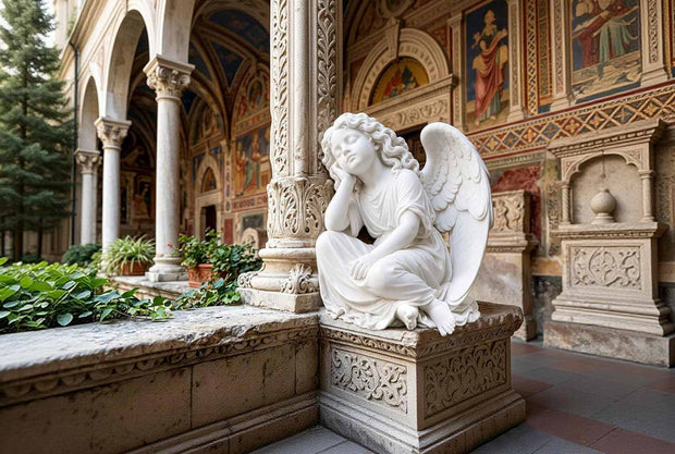 Religious statue in contemplative garden or chapel environment emphasizing spiritual presence and sacred atmosphere.