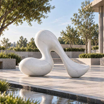 Organic white marble sculpture with rounded forms in a contemporary outdoor space