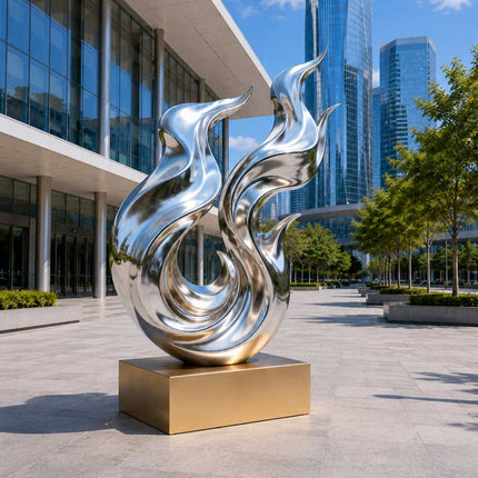 Close-up detail of a flowing abstract stainless steel sculpture showing satin polished surface and curved metal form
