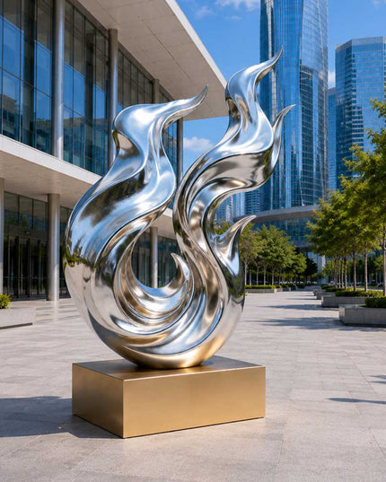 Close-up detail of a flowing abstract stainless steel sculpture showing satin polished surface and curved metal form