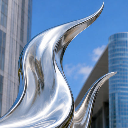 Close-up detail of a flowing abstract stainless steel sculpture showing satin polished surface and curved metal form