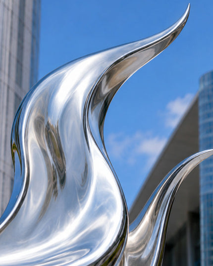 Close-up detail of a flowing abstract stainless steel sculpture showing satin polished surface and curved metal form
