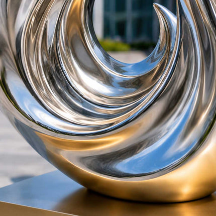 Detail of satin polished stainless steel sculpture surface showing refined metallic texture and light interaction