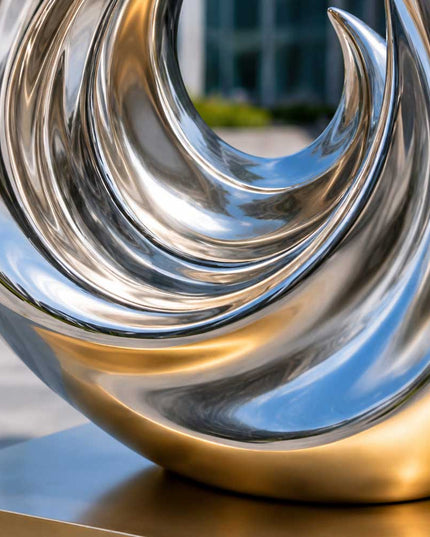 Detail of satin polished stainless steel sculpture surface showing refined metallic texture and light interaction