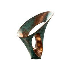 Sculptural arc abstract bronze sculpture with green patina finish