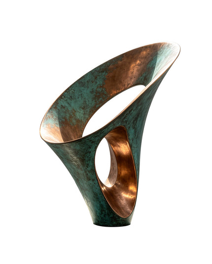 Sculptural arc abstract bronze sculpture with green patina finish