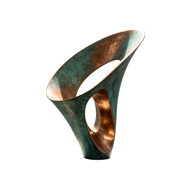 Sculptural arc abstract bronze sculpture with green patina finish