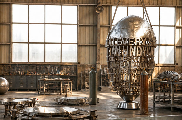 Custom sculpture craftsmanship in an artisan workshop showing the fabrication process of a large metal sculpture