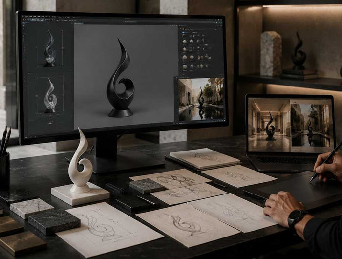 3D sculpture design development with digital modeling and concept refinement before production
