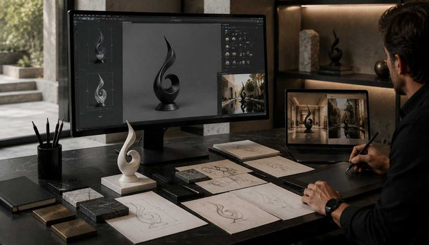 3D sculpture design development with digital modeling and concept refinement before production