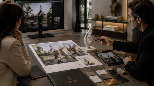 Client reviewing a final sculpture proposal and approving the design before production