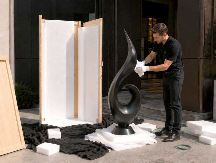 Professional installation of a large sculpture in a modern architectural space