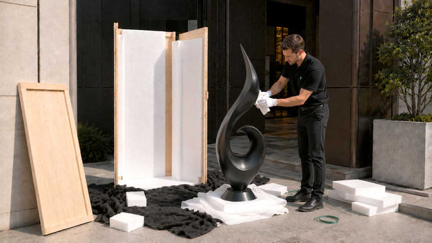 Professional installation of a large sculpture in a modern architectural space