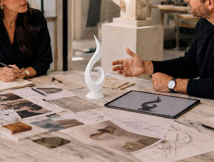 Sculpture design consultation with sketches and concept models during the vision and concept stage