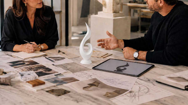 Sculpture design consultation with sketches and concept models during the vision and concept stage