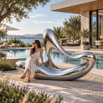 Woman sitting on a mirror-polished stainless steel sculpture beside a swimming pool at a private residence.