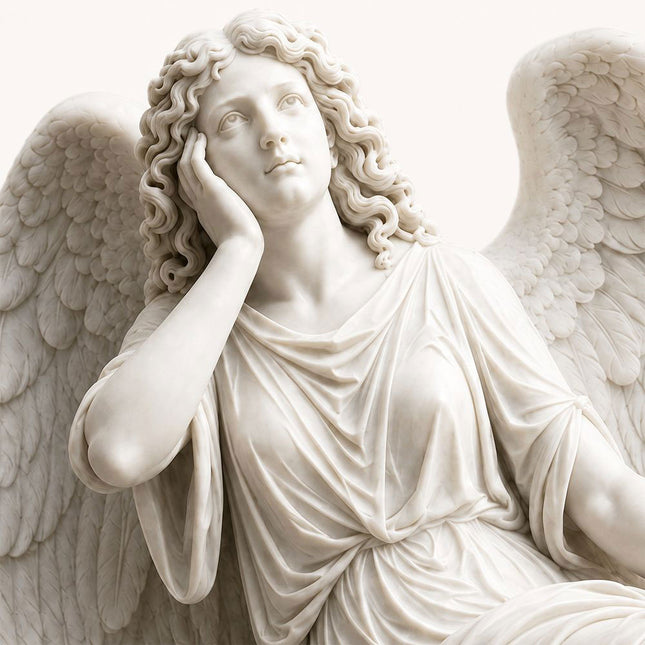 Marble angel statue detail showing upward gaze, curled hair, hand, and carved wings