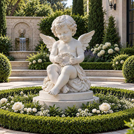 Seated white cherub statue holding a floral wreath in a landscaped garden with white flowers