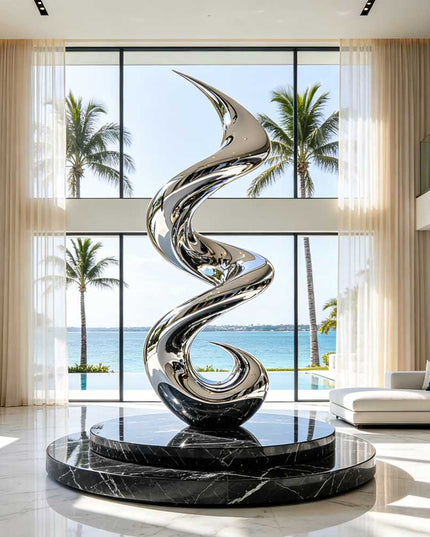 Full view of a handcrafted spiral motion abstract sculpture in polished stainless steel