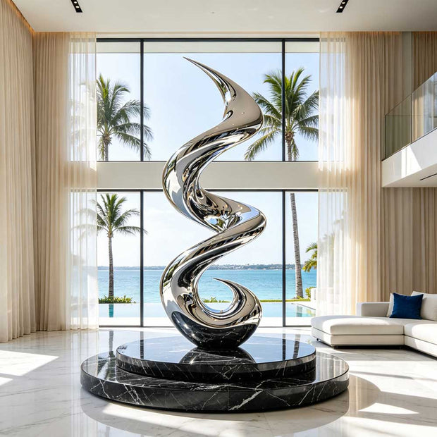 Full view of a handcrafted spiral motion abstract sculpture in polished stainless steel
