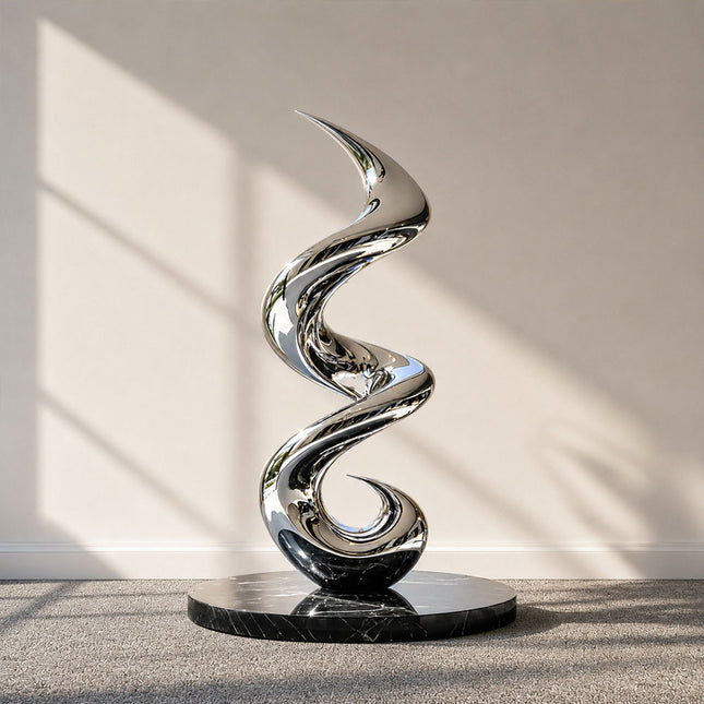 Mirror polished stainless steel spiral motion abstract sculpture with a flowing vertical form