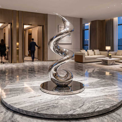 Contemporary spiral motion sculpture installed in a modern architectural lobby space