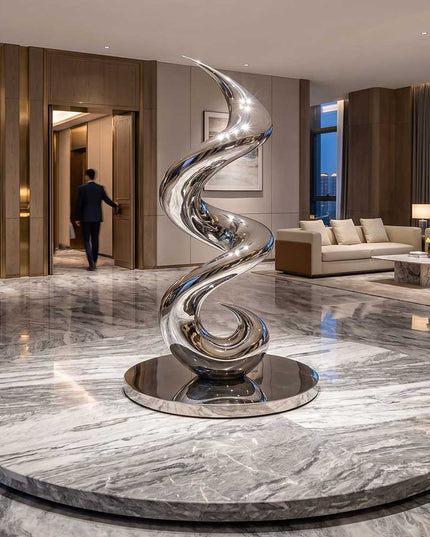 Contemporary spiral motion sculpture installed in a modern architectural lobby space