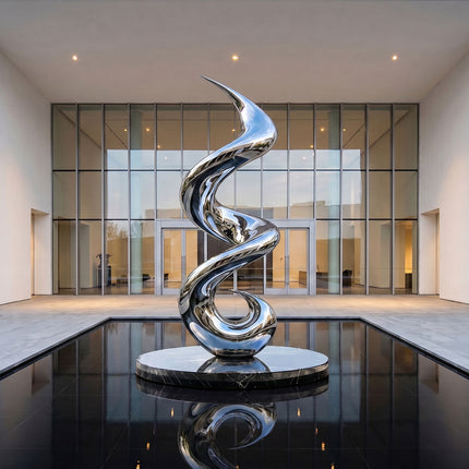 Mirror polished spiral stainless steel sculpture displayed in a modern luxury interior