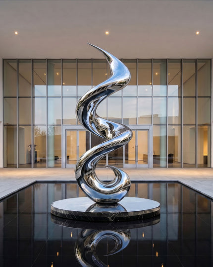 Mirror polished spiral stainless steel sculpture displayed in a modern luxury interior