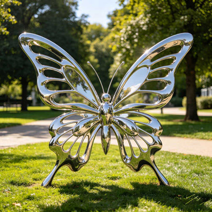 Reflective stainless steel butterfly sculpture displayed on a green lawn in a landscaped park.