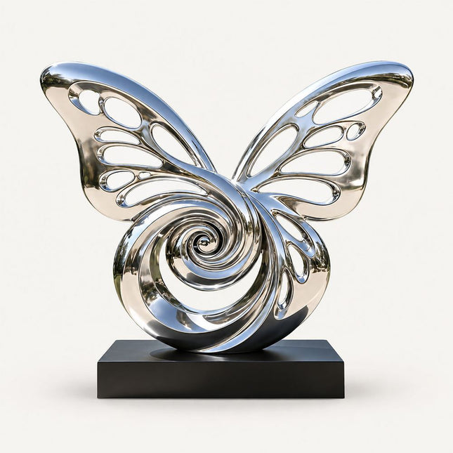 Mirror polished stainless steel butterfly sculpture with openwork wings, spiral center, and black base