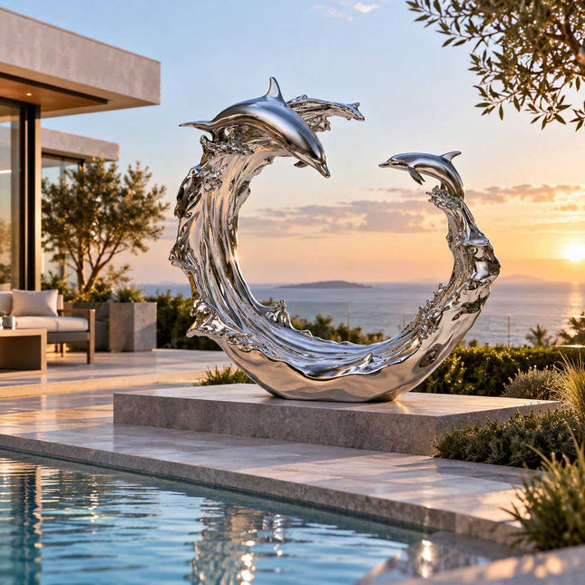 Stainless steel dolphin sculpture with ocean wave beside a modern outdoor pool