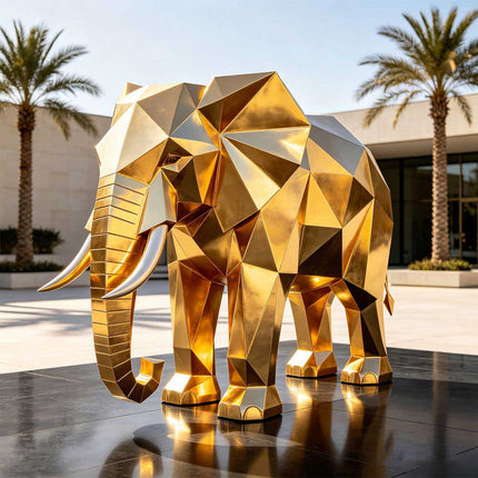Stainless steel elephant sculpture with gold electroplated finish