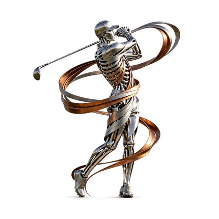 Stainless steel golf statue with skeletal golfer in a dynamic swing pose