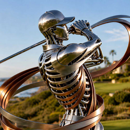 Close-up of skeletal golfer with polished stainless steel body and golf club