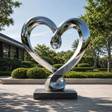 Stainless steel heart sculpture on a low black base in a landscaped courtyard beside a modern building.