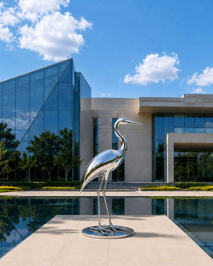 Stainless steel heron sculpture installed in a modern architectural landscape with water feature