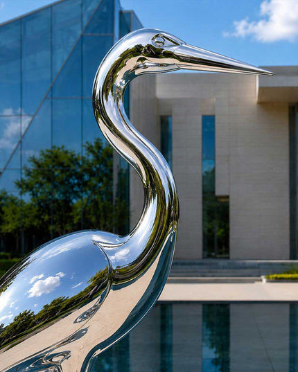 Close-up detail of a handcrafted stainless steel heron sculpture with polished surface