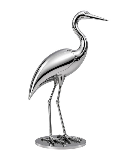 Mirror polished stainless steel heron sculpture with elegant bird form